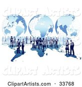 Business Men and Women Conducting Global Business over a Blue Map with a Grid Globe Background, over White