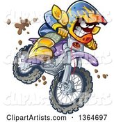Cartoon Aggressive Man Jumping and Riding a Dirt Bike with Mud Splashing Everywhere