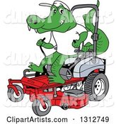 Cartoon Alligator Operating a Red Riding Lawn Mower
