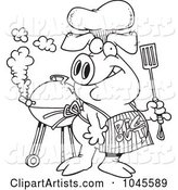 Cartoon Black and White Outline Design of a Bbq Pig Wearing a Pig out Apron