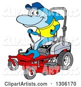 Cartoon Blue Shark Operating a Red Riding Lawn Mower
