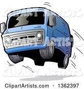 Cartoon Blue Van with Dark Window Tint, Catching Air and Flying off of the Road