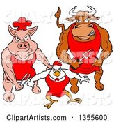 Cartoon Buff Bbq Chef Bull, Chicken and Pig Flexing Their Muscles