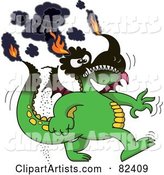 Cartoon Burning Green Dragon with His Tips on Fire