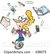Cartoon Businesswoman Juggling Office Items on a Unicycle
