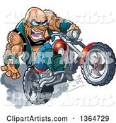 Cartoon Crazy Bald Black Biker Dude Wearing Sunglasses and Popping a Wheelie on His Motorcycle