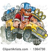 Cartoon Crazy Red Haired White Redneck Man Driving a Bulldog in a Pickup Truck