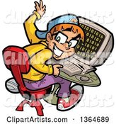 Cartoon Geeky Computer Nerd Boy Looking Back from His Desk