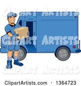 Cartoon Handsome Muscular Delivery Man Holding a Box by a Van