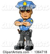Cartoon Handsome Muscular White Male Police Officer Wearing Sunglasses and Standing with Folded Arms