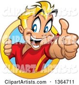 Cartoon Happy Blond White Boy Holding up a Thumb and Emerging from a Circle
