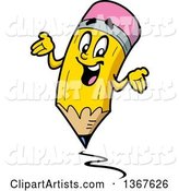 Cartoon Happy Yellow Eraser Tipped Pencil Mascot Shrugging and Writing