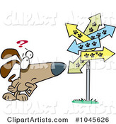Cartoon Lost Dog Staring at Paw Print Signs
