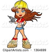 Cartoon Sexy Brunette White Female Construction Worker Pinup Holding a Power Drill