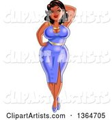 Cartoon Sexy Curvaceous Black Pinup Woman Posing in a Purple Dress