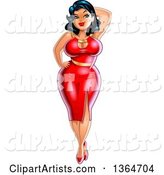 Cartoon Sexy Curvatious Black Haired Pinup Woman Posing in a Red Dress
