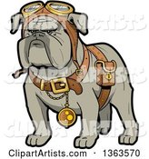 Cartoon Steampunk Bulldog Explorer Wearing a Pouch, Pocket Watch and Goggles