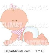 Caucasian Baby Girl in a Pink Checkered Shirt and Bow on Her Hair, Crawling in a Diaper