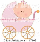 Caucasian Baby Girl in a Pink Stroller Carriage, Looking over the Side