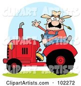 Caucasian Farmer Waving and Driving a Red Tractor