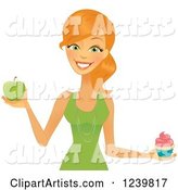 Caucasian Woman Holding a Cupcake and Green Apple