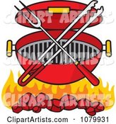 Charcoal Grill with Utensils and Flames