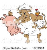 Chef Bull Holding a Pig and Chicken