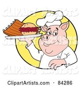 Chef Pig Holding a Pulled Pork Burger and Ribs on a Plate