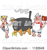 Chef Pig Holding Rips and Waitress Holding Beer by a Smoker