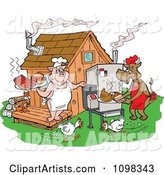 Chickens Running Around a Cow and Pig Using a Smoker and Cooking Meat at a Bbq Shack