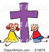 Childs Sketch of a Boy and Girl with a Purple Cross