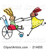Childs Sketch of a Girl in a Wheelchair Playing with Her Friend