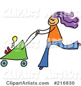 Childs Sketch of a Mom Pushing a Baby Stroller