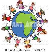 Childs Sketch of Children Holding Hands Around an African Globe