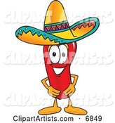 Chili Pepper Mascot Cartoon Character Wearing a Sombrero