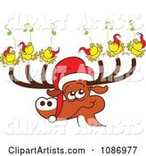 Christmas Reindeer with Caroling Birds and a Santa Hat