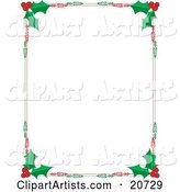 Christmas Stationery Border of Red Berries and Green Holly Leaves over a White Background