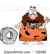 Chubby Caveman Standing by a Stone Wheel