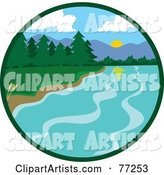 Circle Scene of a Lake Shore with Lush Green Forests and Mountains