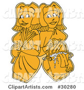 Clipart Illustration of Two Yellow Women, Maids or Janitors, Wearing Gloves and Carrying a Feather Duster and Mop Bucket, Standing Shoulder to Shoulder