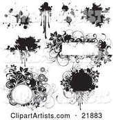 Collection of Black and White Paint Splatters, Grunge Smears and Floral Frames on a White Background