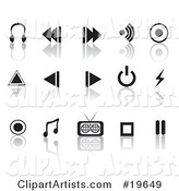 Collection of Black Media Icons on a Reflective White Background