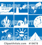 Collection of White Travel Picture Icons on a Blue Background