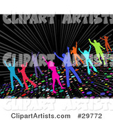 Colorful Silhouetted Men and Women Dancing on a Sparkling Disco Dance Floor on a Black Background