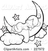 Coloring Page Outline of a Cute Girl Sleeping on a Crescent Moon by Happy Stars