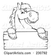 Coloring Page Outline of a Happy Horse Looking over a Blank Wood Sign
