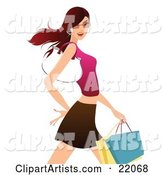 Confident Young Brunette Caucasian Woman in Shades, a Tank Top and Skirt, Carrying Shopping Bags and a Purse on Her Arm