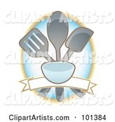 Cooking Utensils over a Blank Banner on a Blue Oval