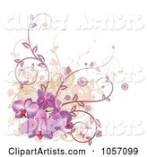 Corner Design Element of Purple Orchid Flowers, Vines and Grunge