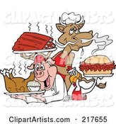 Cow Holding Ribs, Chicken Carrying a Pulled Pork Sandwich and Pig Carrying a Roasted Chicken